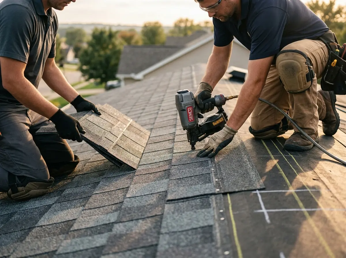 Professional roofer working on a residential roof in Gastonia